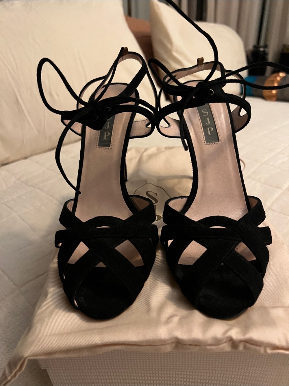 Bloomingdale's Black Strappy Lace-Up Suede Heels